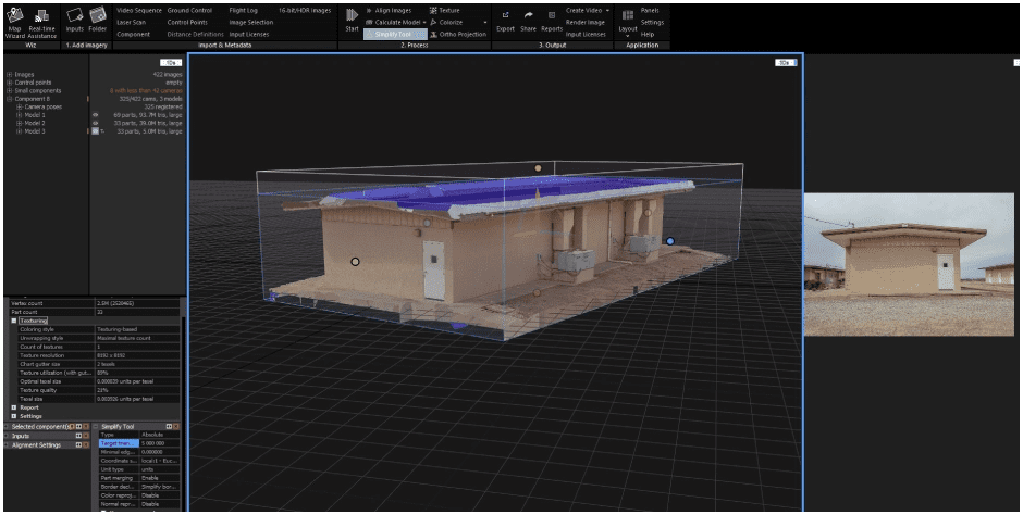 A 3 d model of a building with blue roof.